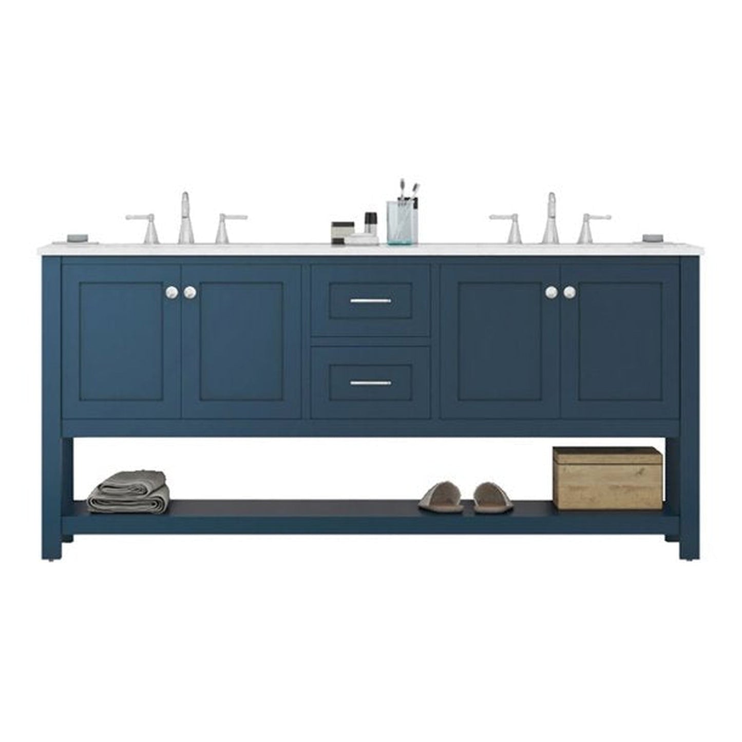 Alya Bath Wilmington 72" Double Blue Freestanding Bathroom Vanity With Carrara Marble Top, Ceramic Sink and Wall Mounted Mirror