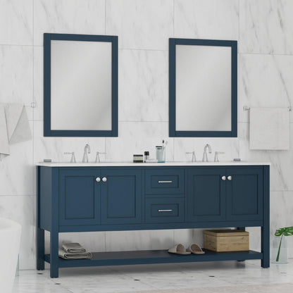 Alya Bath Wilmington 72" Double Blue Freestanding Bathroom Vanity With Carrara Marble Top, Ceramic Sink and Wall Mounted Mirror