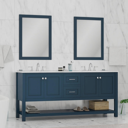 Alya Bath Wilmington 72" Double Blue Freestanding Bathroom Vanity With Carrara Marble Top, Ceramic Sink and Wall Mounted Mirror