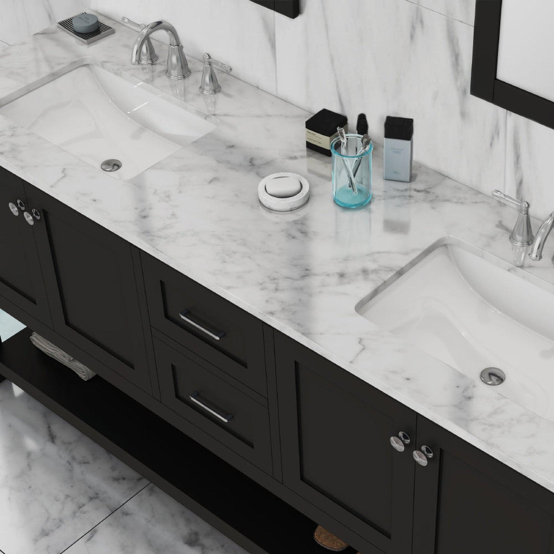 Alya Bath Wilmington 72" Double Espresso Freestanding Bathroom Vanity With Carrara Marble Top, Ceramic Sink and Wall Mounted Mirror