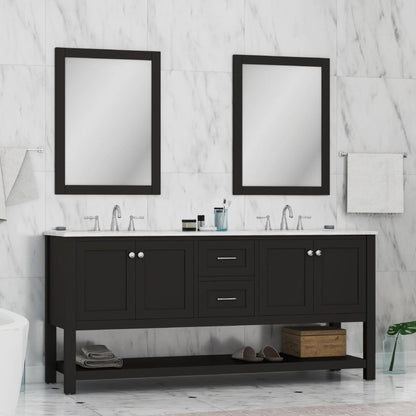 Alya Bath Wilmington 72" Double Espresso Freestanding Bathroom Vanity With Carrara Marble Top, Ceramic Sink and Wall Mounted Mirror