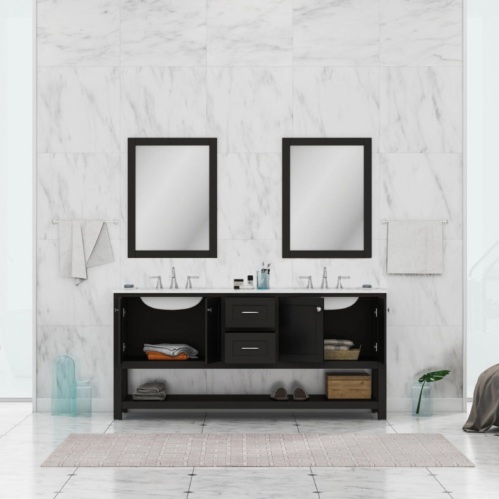 Alya Bath Wilmington 72" Double Espresso Freestanding Bathroom Vanity With Carrara Marble Top, Ceramic Sink and Wall Mounted Mirror