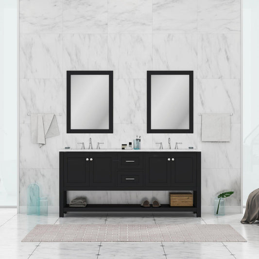 Alya Bath Wilmington 72" Double Espresso Freestanding Bathroom Vanity With Carrara Marble Top, Ceramic Sink and Wall Mounted Mirror