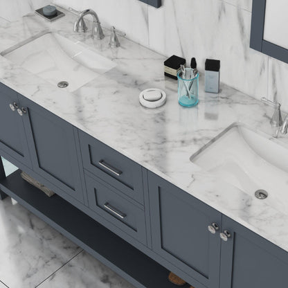 Alya Bath Wilmington 72" Double Gray Freestanding Bathroom Vanity With Carrara Marble Top, Ceramic Sink and Wall Mounted Mirror