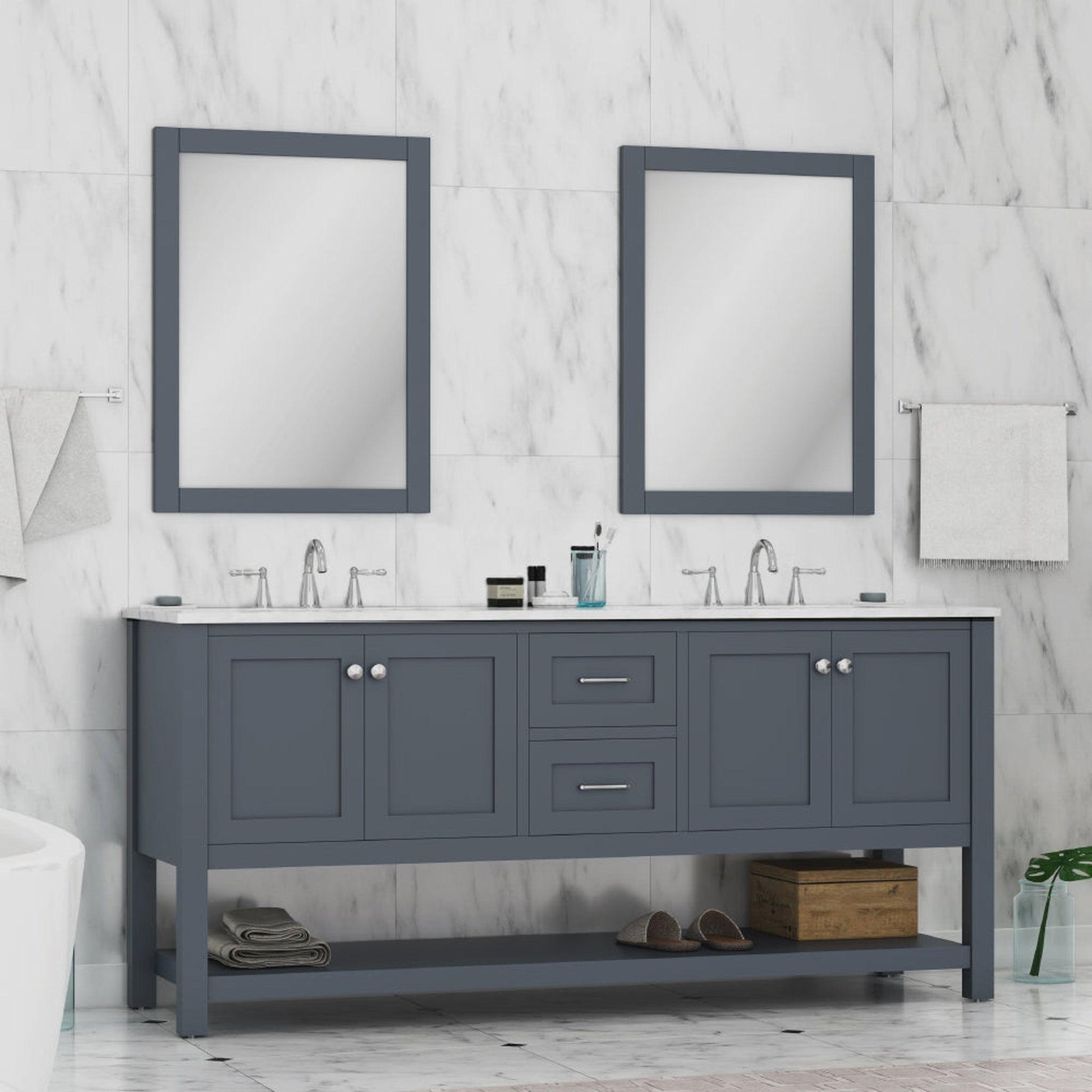Alya Bath Wilmington 72" Double Gray Freestanding Bathroom Vanity With Carrara Marble Top, Ceramic Sink and Wall Mounted Mirror
