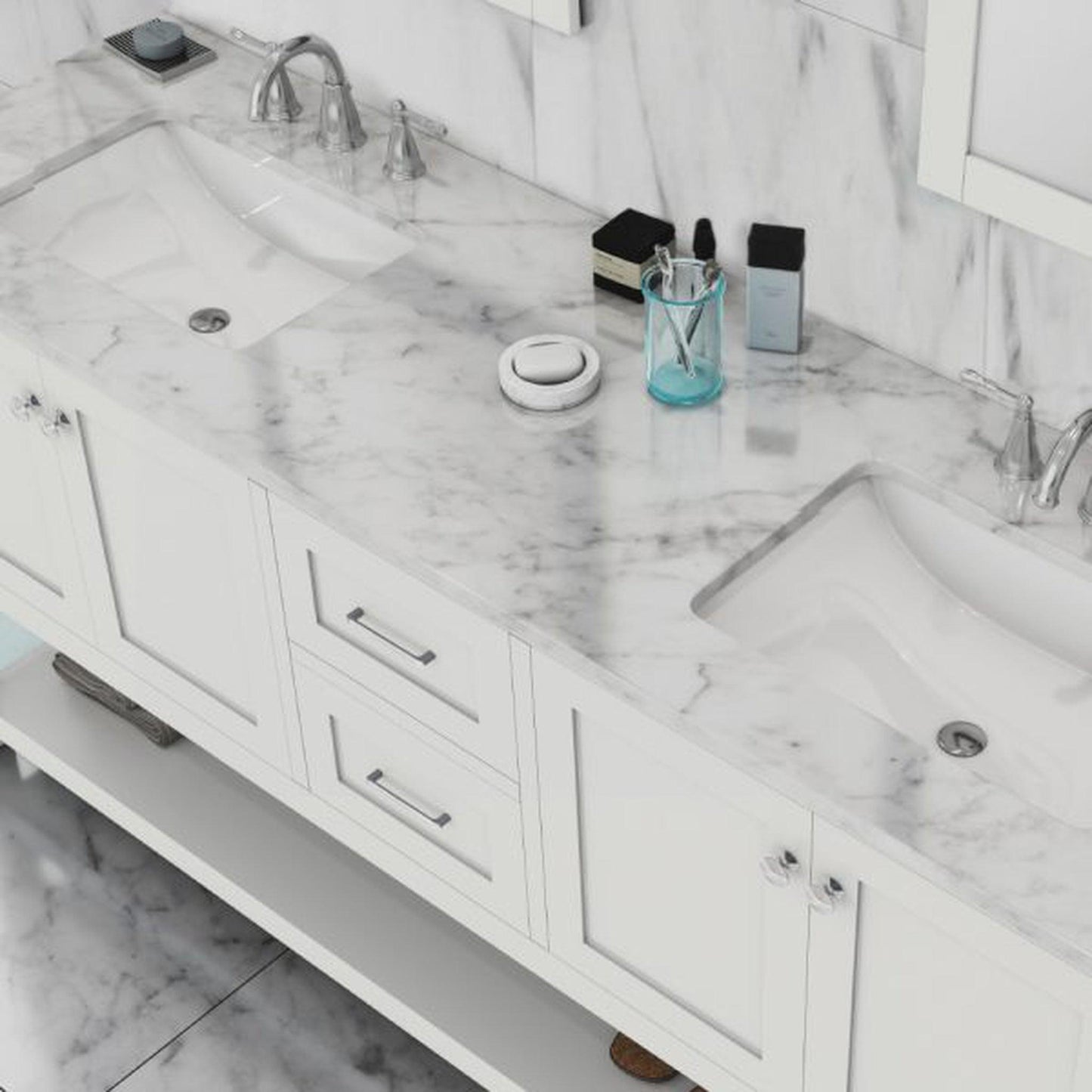 Alya Bath Wilmington 72" Double White Freestanding Bathroom Vanity With Carrara Marble Top, Ceramic Sink and Wall Mounted Mirror