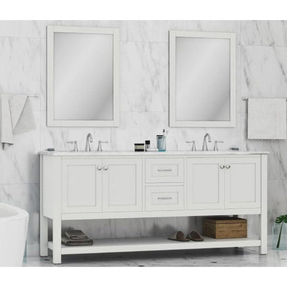Alya Bath Wilmington 72" Double White Freestanding Bathroom Vanity With Carrara Marble Top, Ceramic Sink and Wall Mounted Mirror