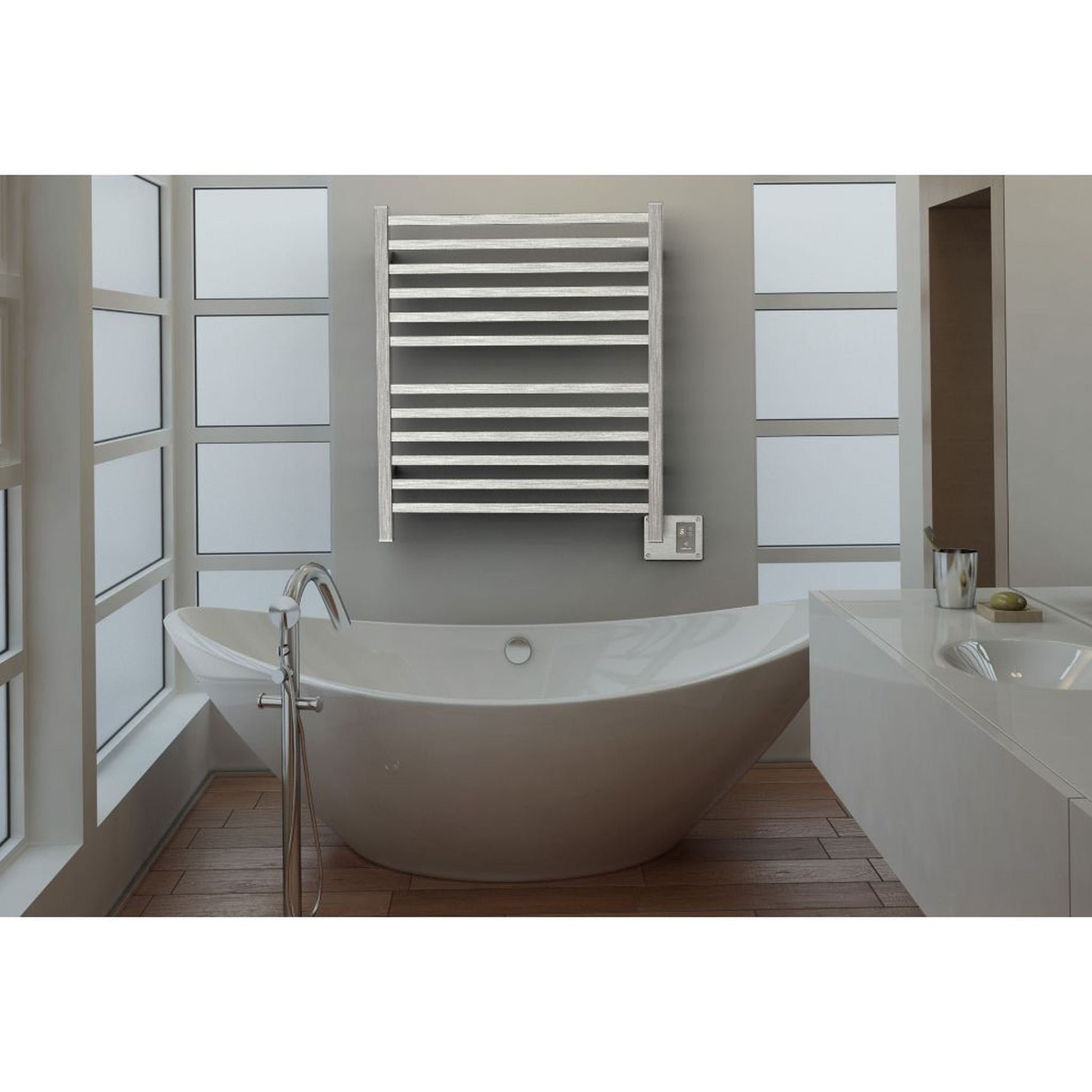 Amba Quadro 28" x 33" 12-Bar Brushed Stainless Steel Hardwired Towel Warmer With Digital Heat Controller