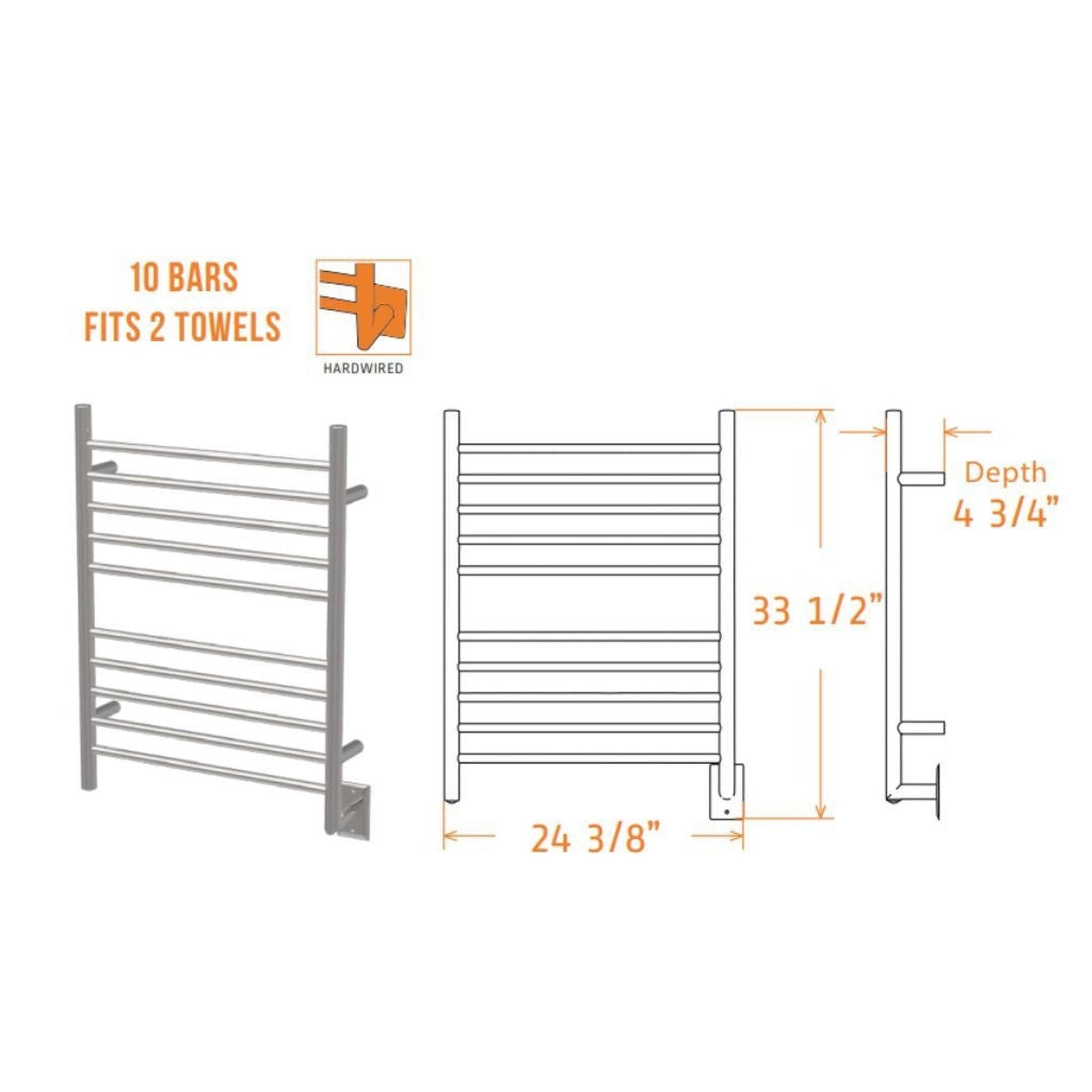 Amba Radiant Curved 10-Bar Brushed Stainless Steel Hardwired Towel Warmer With Integrated On/Off Switch