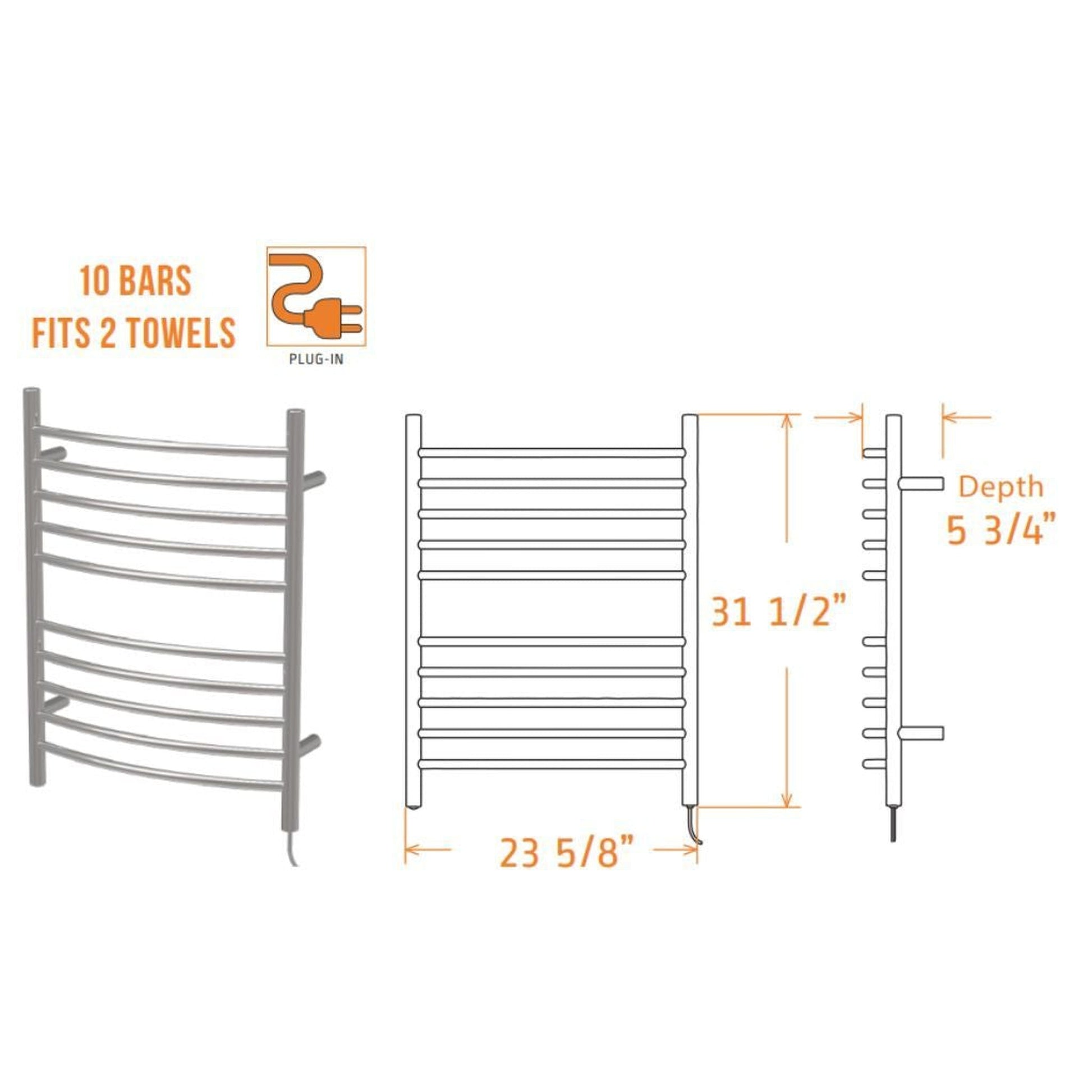 Amba Radiant Curved 10-Bar Brushed Stainless Steel Plug-In Towel Warmer With Integrated On/Off Switch