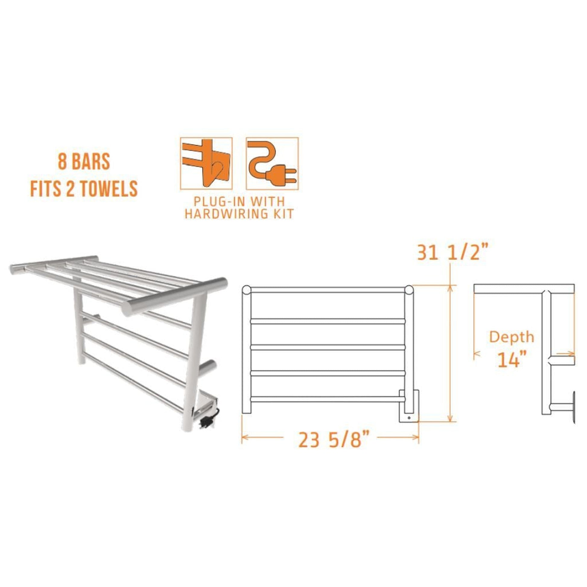 Amba Radiant Shelf 8-Bar Polished Stainless Steel Plug-In Towel Warmer