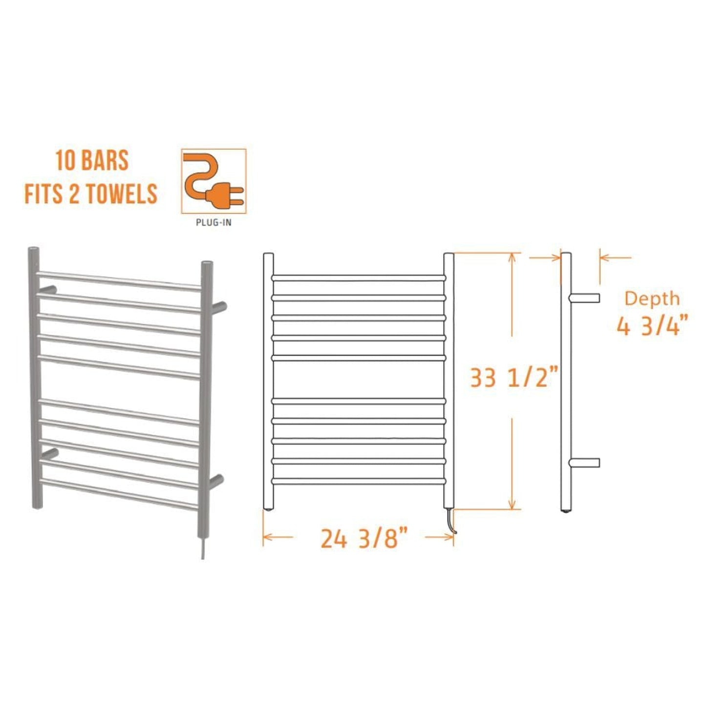 Amba Radiant Straight 10-Bar Brushed Stainless Steel Plug-In Towel Warmer