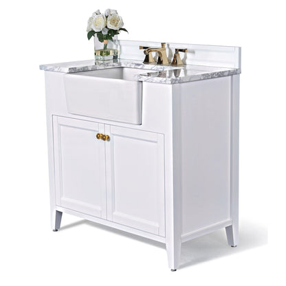 Ancerre Designs Adeline 36" White 2-Door Bathroom Vanity With White Marble Vanity Top, White Farmhouse Single Ceramic Sink, 4" Solid Wood Backsplash and Satin Brushed Gold Hardware