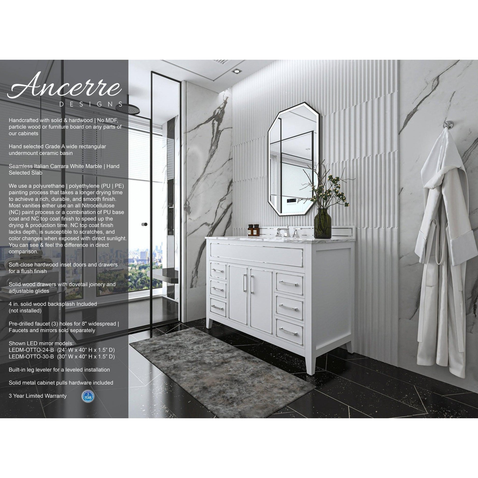 Ancerre Designs Aspen 48" White 2-Door 6-Drawer Bathroom Vanity With White Marble Vanity Top, Single Undermount Ceramic Sink, 4" Solid Wood Backsplash and Chrome Hardware