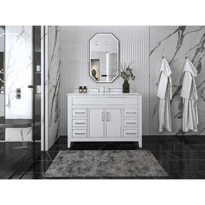 Ancerre Designs Aspen 48" White 2-Door 6-Drawer Bathroom Vanity With White Marble Vanity Top, Single Undermount Ceramic Sink, 4" Solid Wood Backsplash and Chrome Hardware