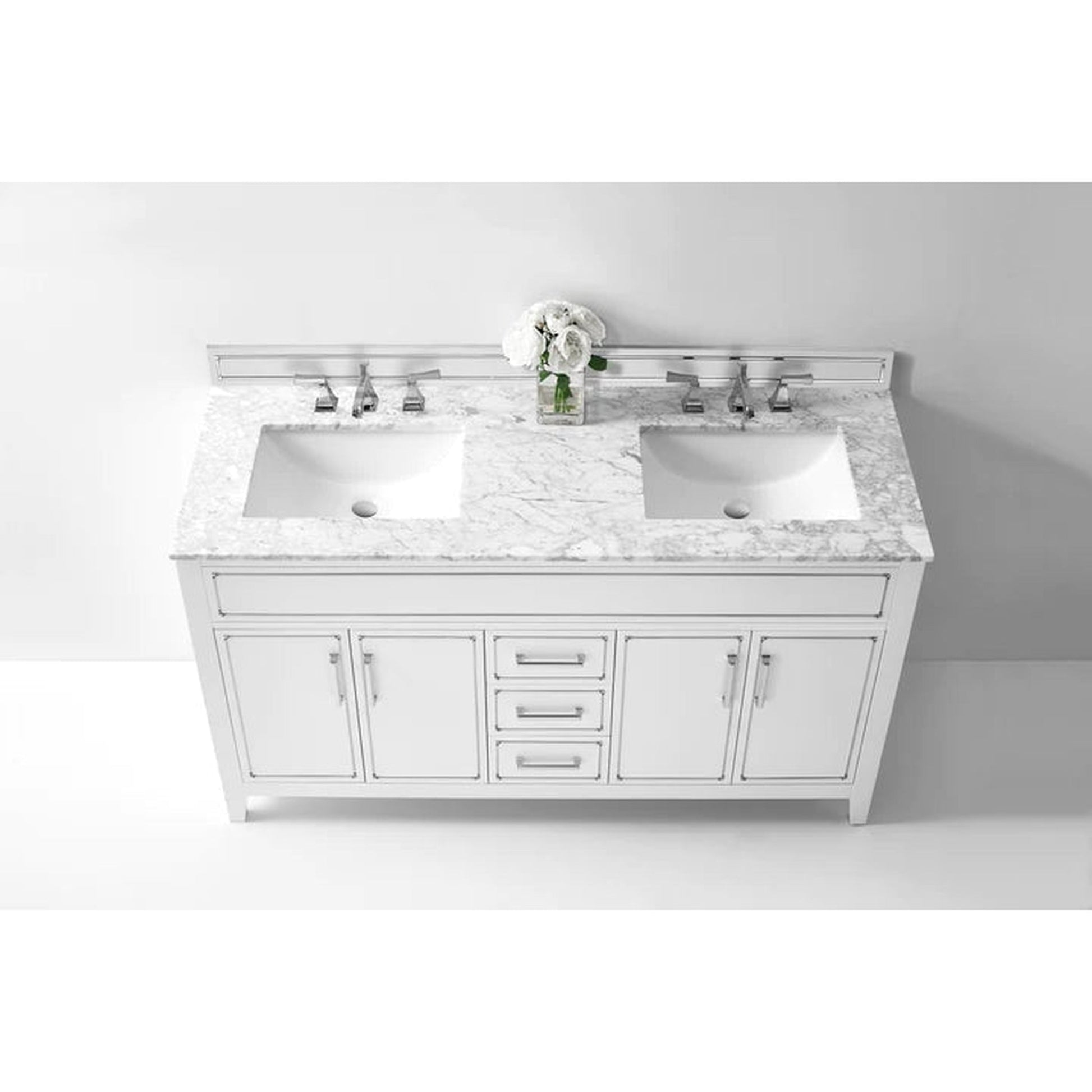 Ancerre Designs Aspen 60" White 4-Door 3-Drawer Bathroom Vanity Set With White Marble Vanity Top, Double Undermount Ceramic Sinks, 4" Solid Wood Backsplash and Chrome Hardware