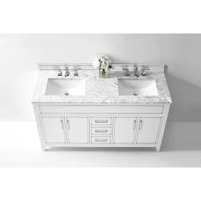 Ancerre Designs Aspen 60" White 4-Door 3-Drawer Bathroom Vanity Set With White Marble Vanity Top, Double Undermount Ceramic Sinks, 4" Solid Wood Backsplash and Chrome Hardware