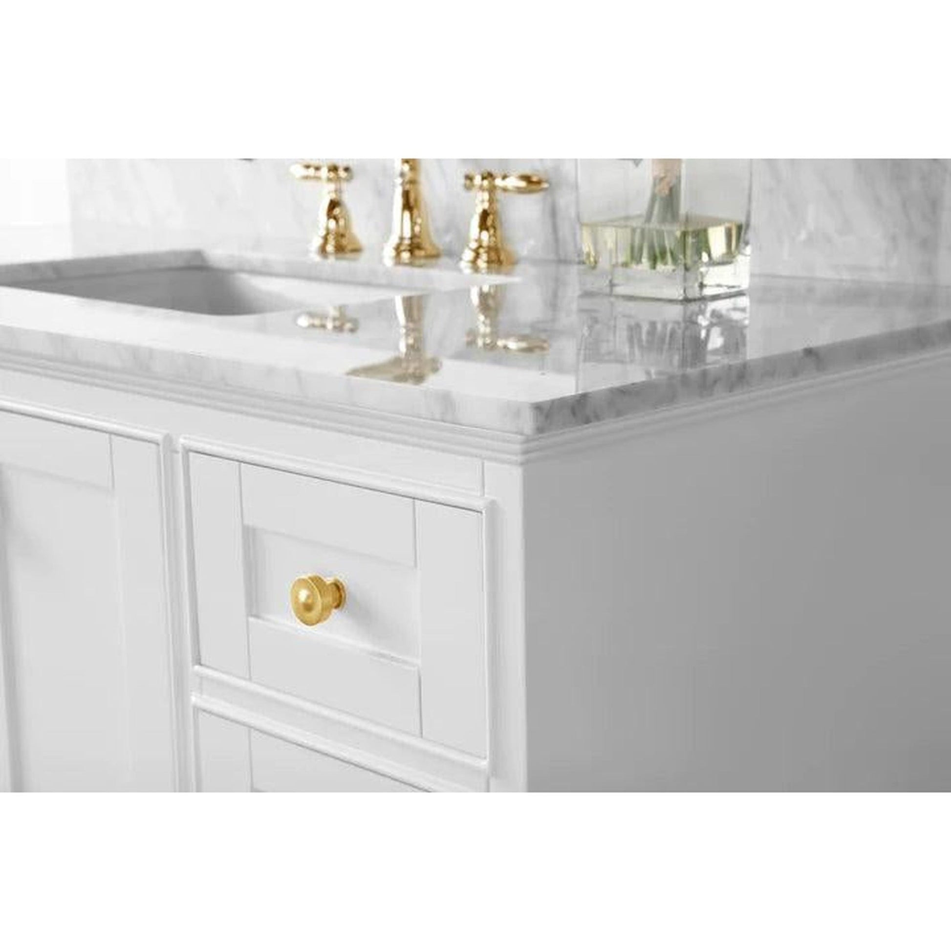 Ancerre Designs Audrey 48" White 2-Door 9-Drawer Bathroom Vanity With White Marble Vanity Top, Single Undermount Ceramic Sink, 4” Solid Wood Backsplash and Satin Brushed Gold Hardware