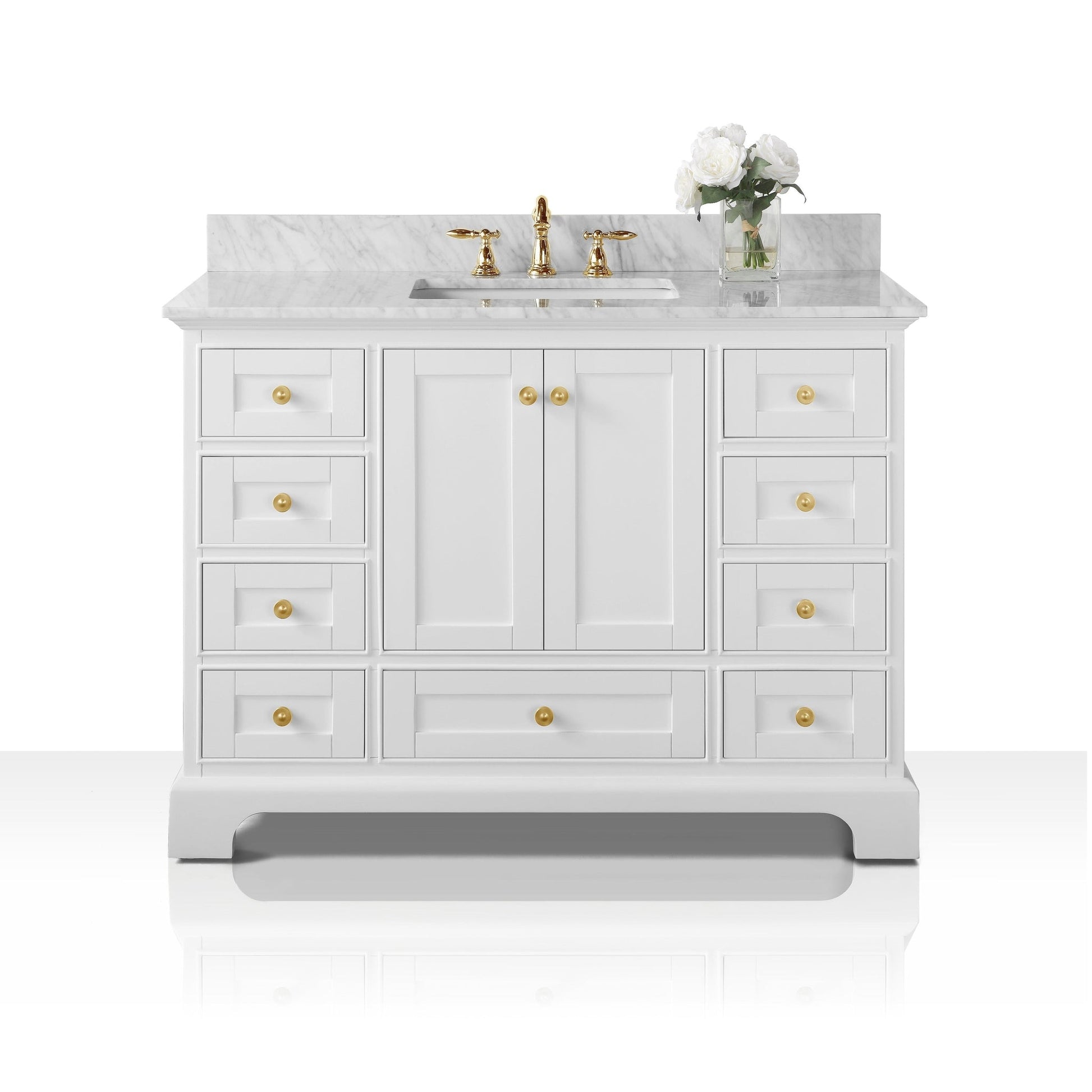 Ancerre Designs Audrey 48" White 2-Door 9-Drawer Bathroom Vanity With White Marble Vanity Top, Single Undermount Ceramic Sink, 4” Solid Wood Backsplash and Satin Brushed Gold Hardware
