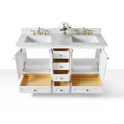 Ancerre Designs Audrey 60" White 4-Door 6-Drawer Bathroom Vanity With White Marble Vanity Top, Double Undermount Ceramic Sink, 4" Solid Wood Backsplash and Satin Brushed Gold Hardware