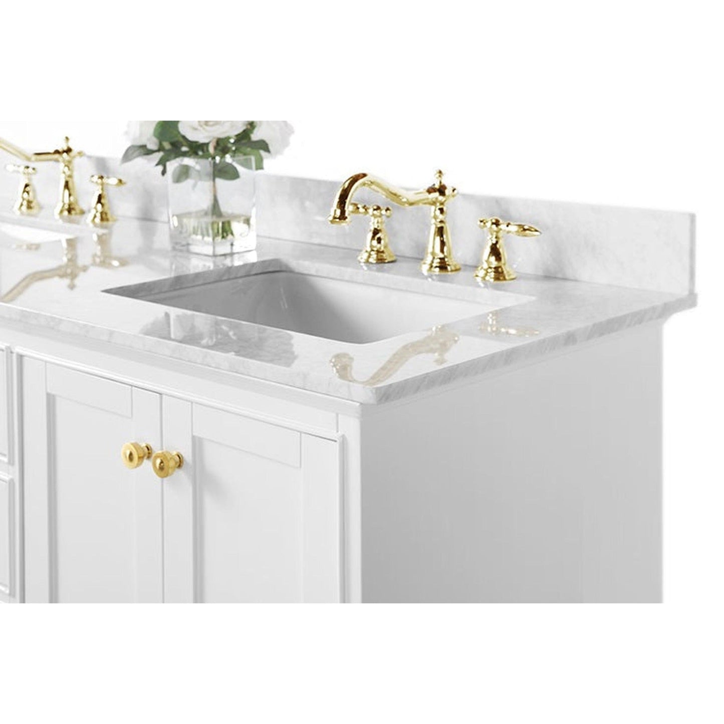 Ancerre Designs Audrey 60" White 4-Door 6-Drawer Bathroom Vanity With White Marble Vanity Top, Double Undermount Ceramic Sink, 4" Solid Wood Backsplash and Satin Brushed Gold Hardware