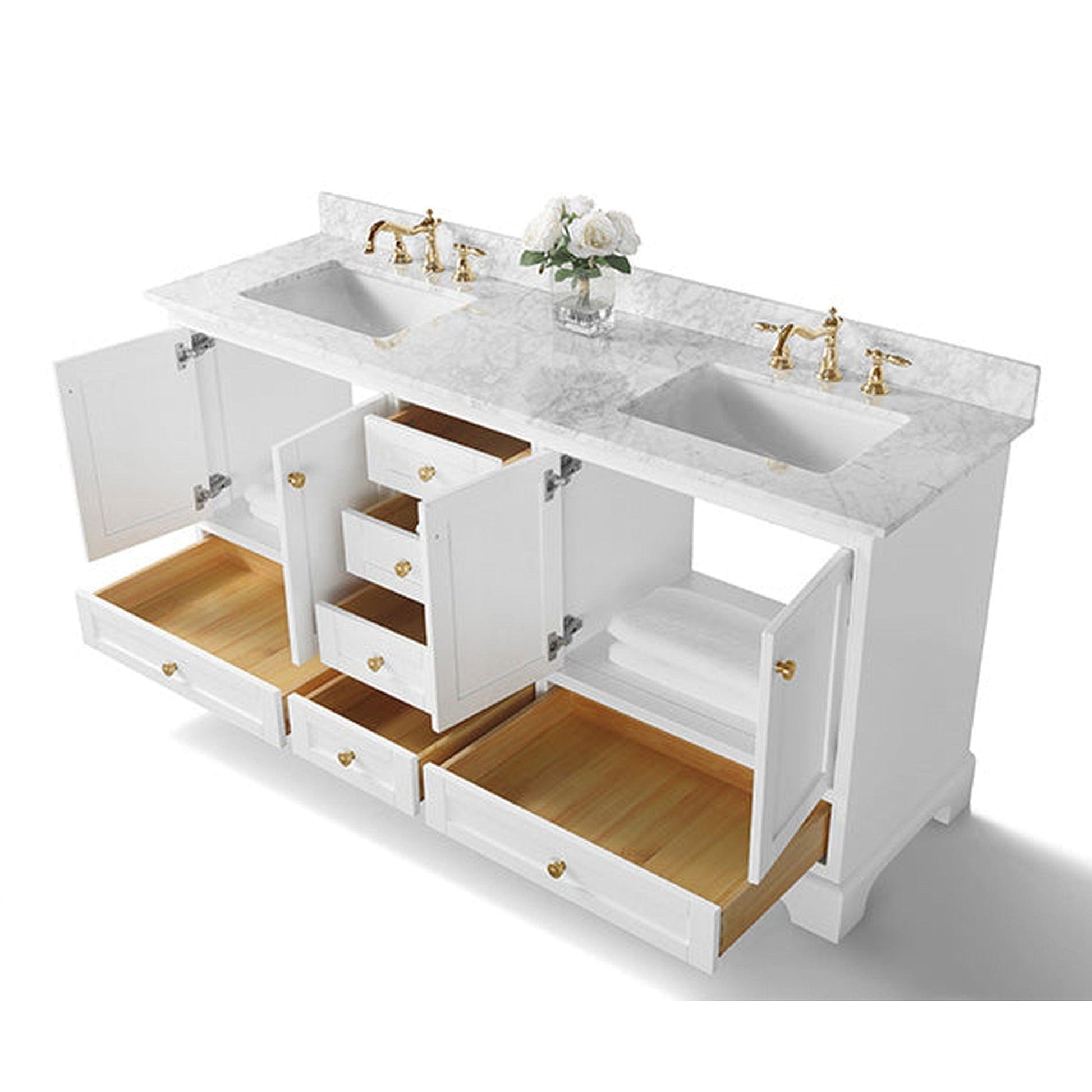 Ancerre Designs Audrey 72" White 4-Door 6-Drawer Bathroom Vanity With White Marble Vanity Top, Double Undermount Ceramic Sink, 4" Solid Wood Backsplash and Satin Brushed Gold Hardware