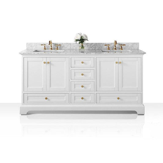 Ancerre Designs Audrey 72" White 4-Door 6-Drawer Bathroom Vanity With White Marble Vanity Top, Double Undermount Ceramic Sink, 4" Solid Wood Backsplash and Satin Brushed Gold Hardware