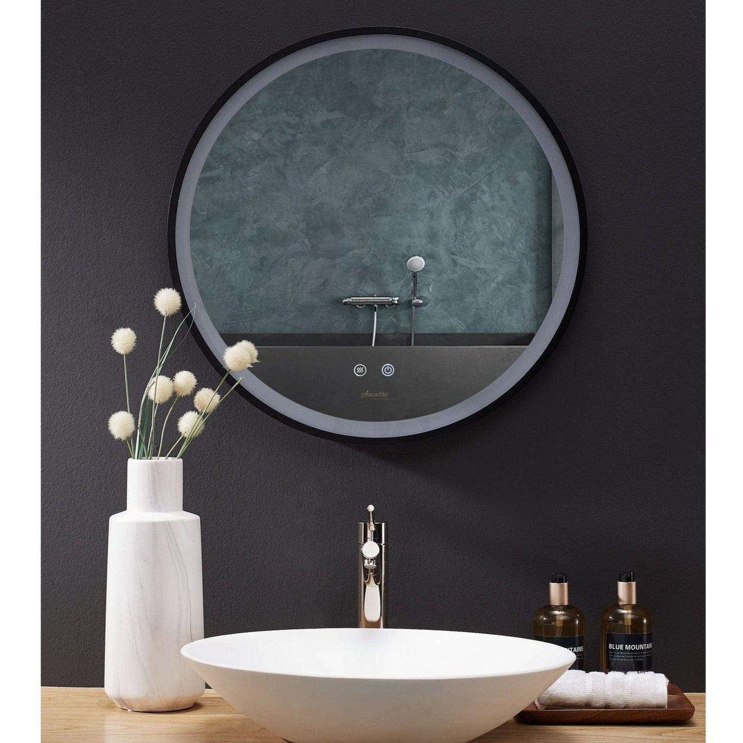 Ancerre Designs Cirque 24" Modern Round LED Lighted Black Framed Bathroom Vanity Mirror With Defogger, Dimmer and Mounting Hardware