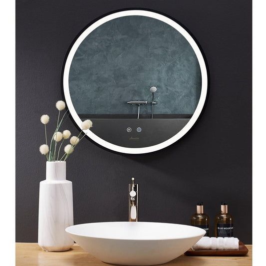 Ancerre Designs Cirque 24" Modern Round LED Lighted Black Framed Bathroom Vanity Mirror With Defogger, Dimmer and Mounting Hardware