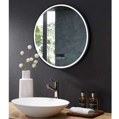 Ancerre Designs Cirque 30" Modern Round LED Lighted Black Framed Bathroom Vanity Mirror With Defogger, Dimmer, Bluetooth and Mounting Hardware