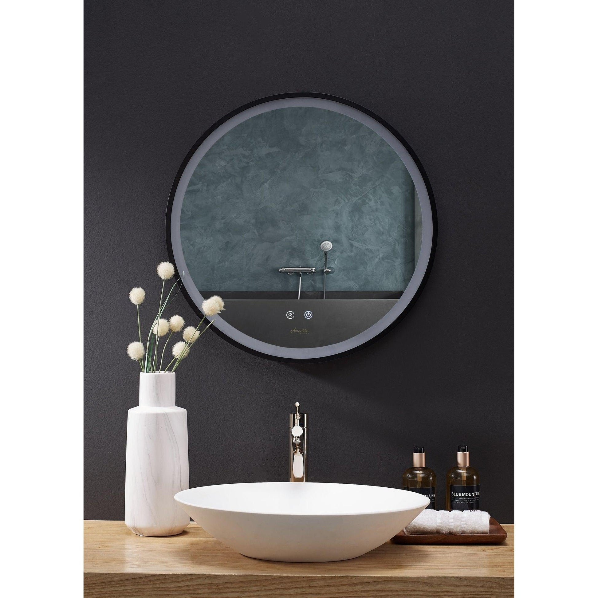 Ancerre Designs Cirque 30" Modern Round LED Lighted Black Framed Bathroom Vanity Mirror With Defogger, Dimmer and Mounting Hardware