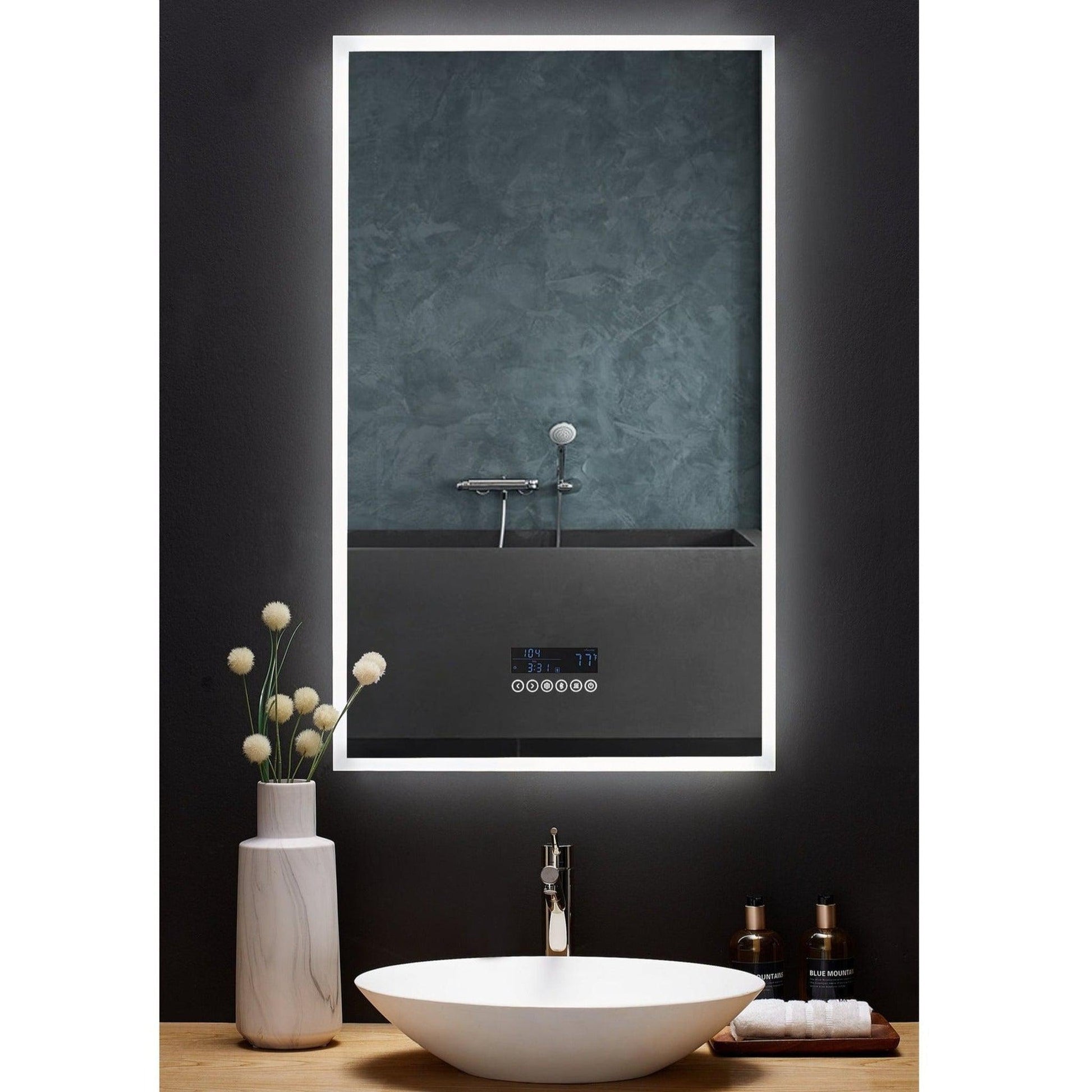 Ancerre Designs Immersion 24" x 40" Modern Rectangle LED Lighted Frameless Bathroom Vanity Mirror With Bluetooth, Defogger, Digital Display and Mounting Hardware