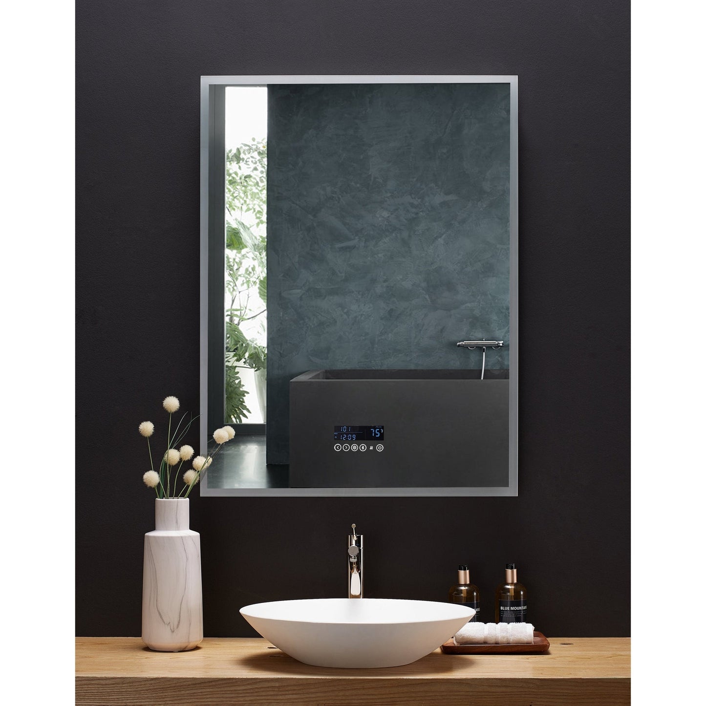 Ancerre Designs Immersion 30" x 40" Modern Rectangle LED Lighted Frameless Bathroom Vanity Mirror With Bluetooth, Defogger, Digital Display and Mounting Hardware