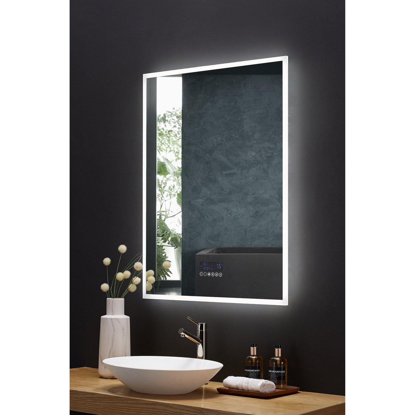 Ancerre Designs Immersion 30" x 40" Modern Rectangle LED Lighted Frameless Bathroom Vanity Mirror With Bluetooth, Defogger, Digital Display and Mounting Hardware