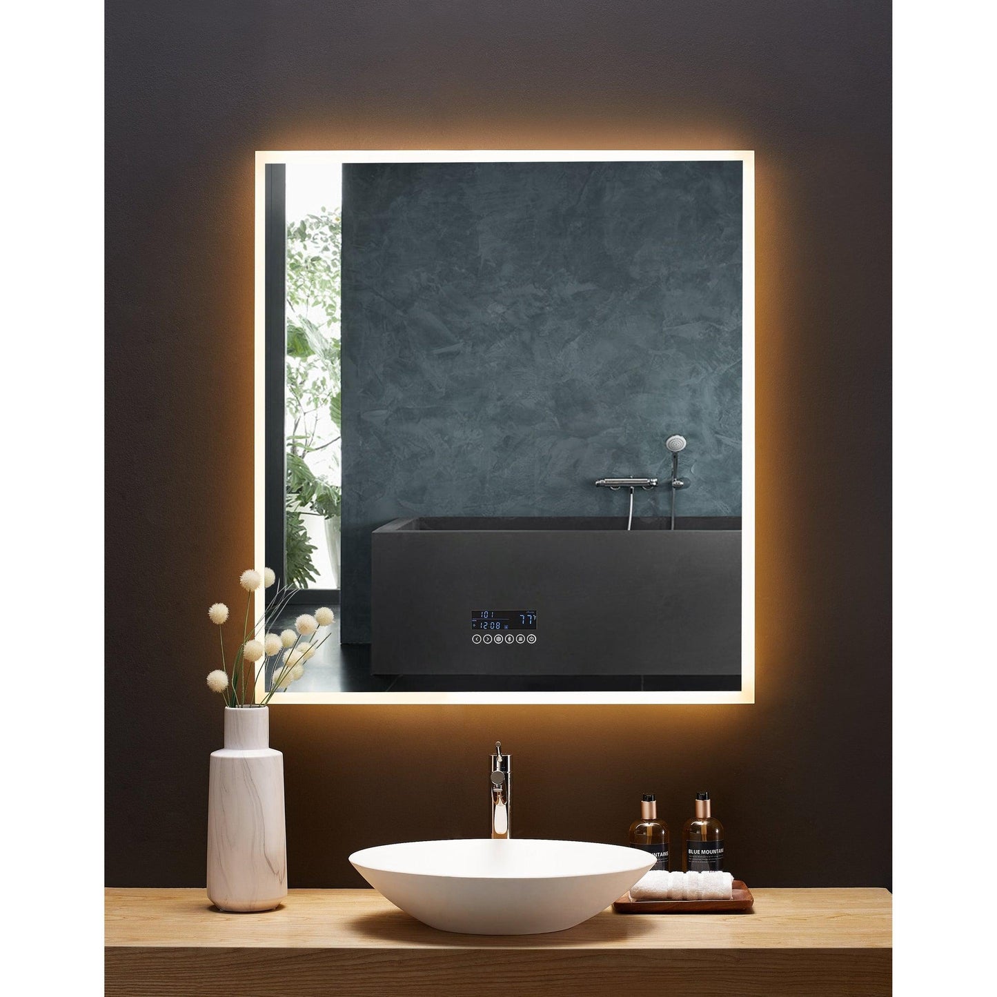 Ancerre Designs Immersion 36" x 40" Modern Rectangle LED Lighted Frameless Bathroom Vanity Mirror With Bluetooth, Defogger, Digital Display and Mounting Hardware