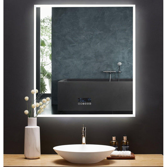 Ancerre Designs Immersion 36" x 40" Modern Rectangle LED Lighted Frameless Bathroom Vanity Mirror With Bluetooth, Defogger, Digital Display and Mounting Hardware