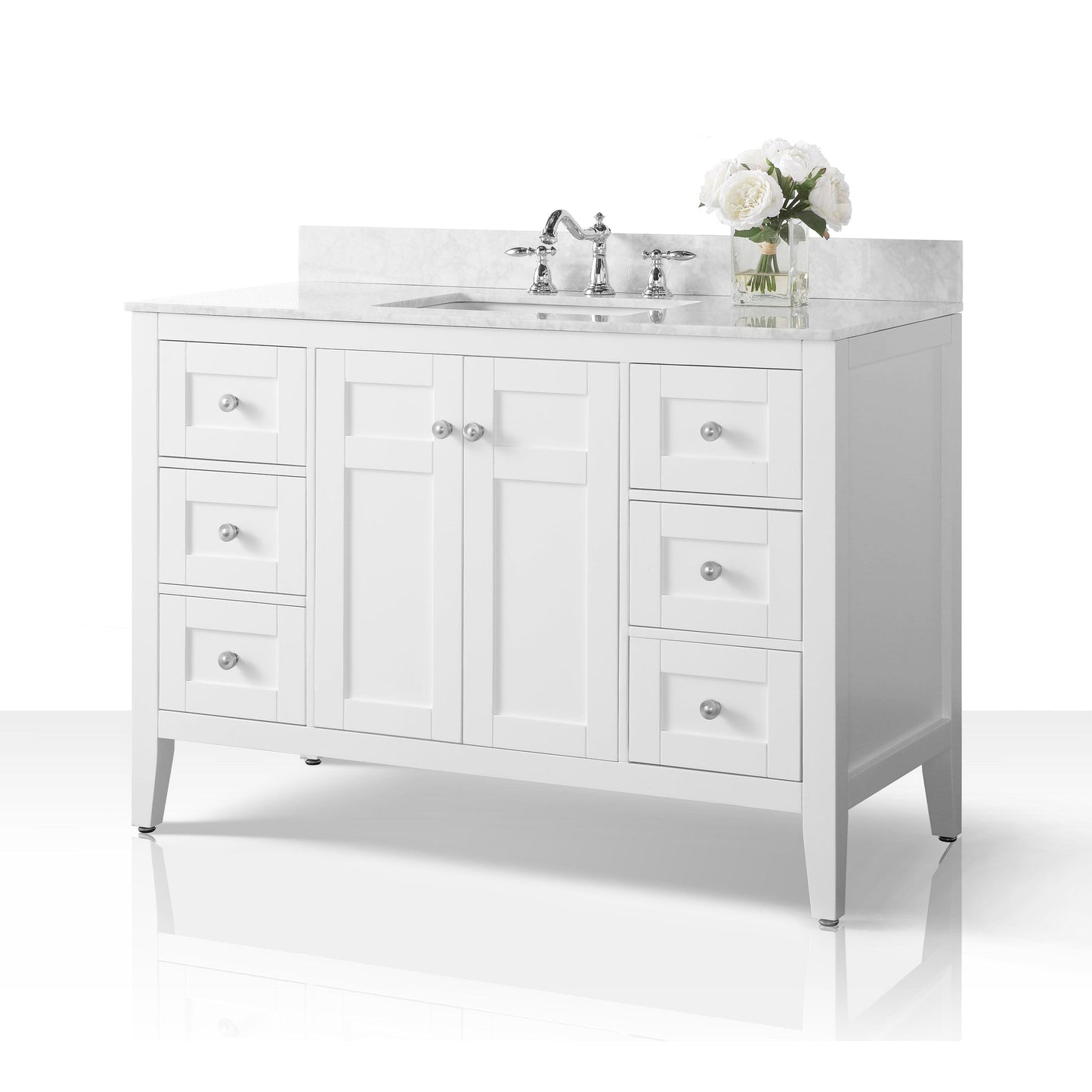 Ancerre Designs Maili 48" White 2-Door 6-Drawer Bathroom Vanity With Italian Carrara White Marble Vanity Top, Single Rectangle Undermount Ceramic Sink and 4" Solid Wood Backsplash