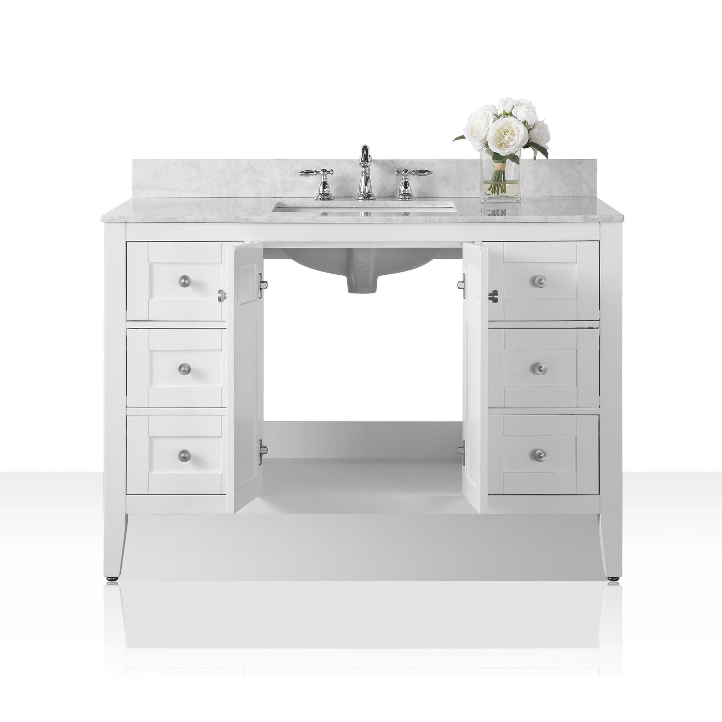 Ancerre Designs Maili 48" White 2-Door 6-Drawer Bathroom Vanity With Italian Carrara White Marble Vanity Top, Single Rectangle Undermount Ceramic Sink and 4" Solid Wood Backsplash