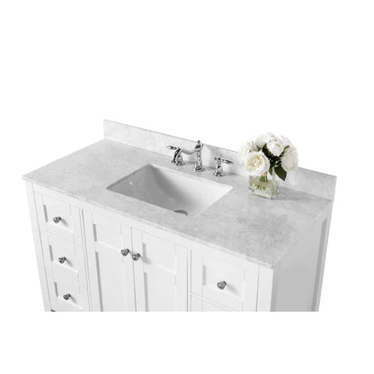 Ancerre Designs Maili 48" White 2-Door 6-Drawer Bathroom Vanity With Italian Carrara White Marble Vanity Top, Single Rectangle Undermount Ceramic Sink and 4" Solid Wood Backsplash