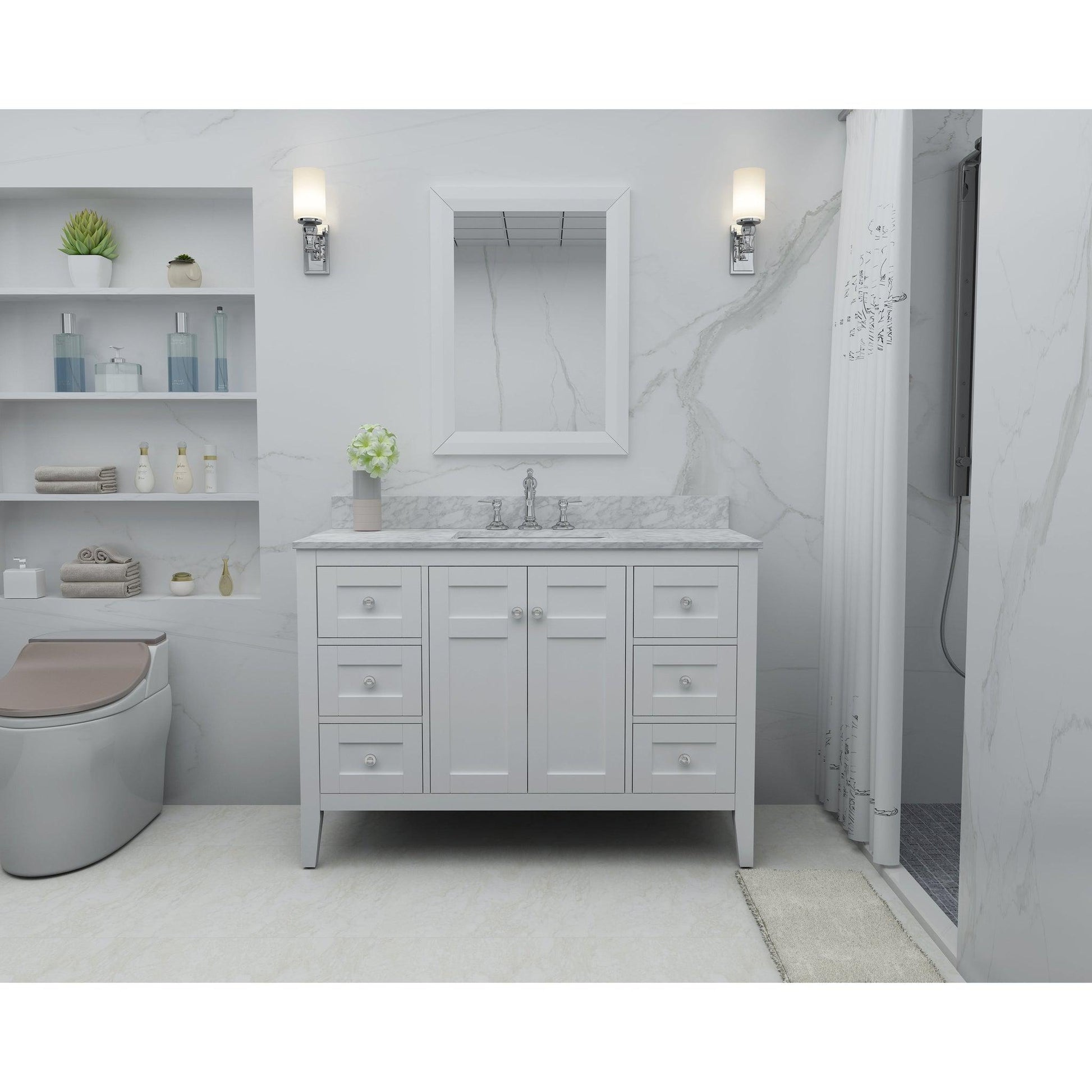 Ancerre Designs Maili 48" White 2-Door 6-Drawer Bathroom Vanity With Italian Carrara White Marble Vanity Top, Single Rectangle Undermount Ceramic Sink and 4" Solid Wood Backsplash