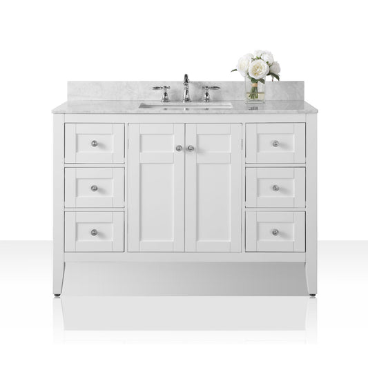 Ancerre Designs Maili 48" White 2-Door 6-Drawer Bathroom Vanity With Italian Carrara White Marble Vanity Top, Single Rectangle Undermount Ceramic Sink and 4" Solid Wood Backsplash