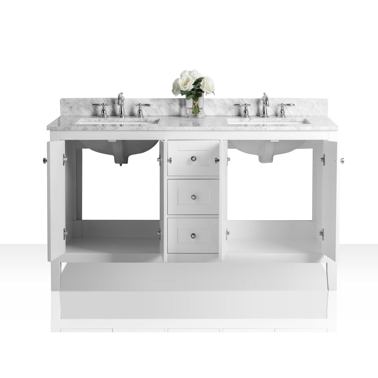 Ancerre Designs Maili 60" White 4-Door 3-Drawer Bathroom Vanity With Italian Carrara White Marble Vanity Top, Double Rectangle Undermount Ceramic Sinks and 4" Solid Wood Backsplash