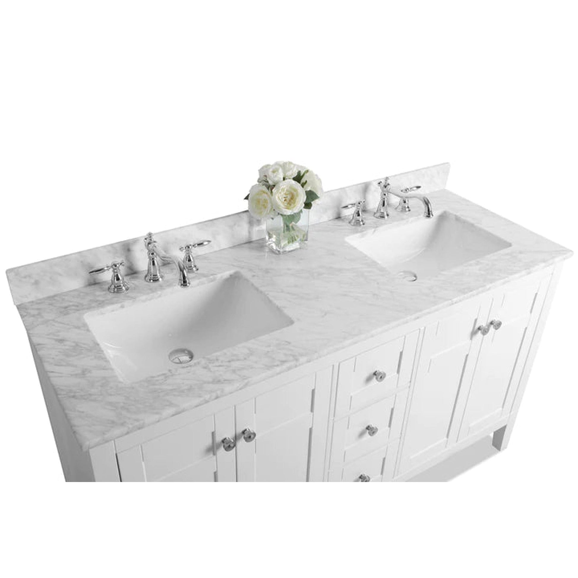 Ancerre Designs Maili 60" White 4-Door 3-Drawer Bathroom Vanity With Italian Carrara White Marble Vanity Top, Double Rectangle Undermount Ceramic Sinks and 4" Solid Wood Backsplash