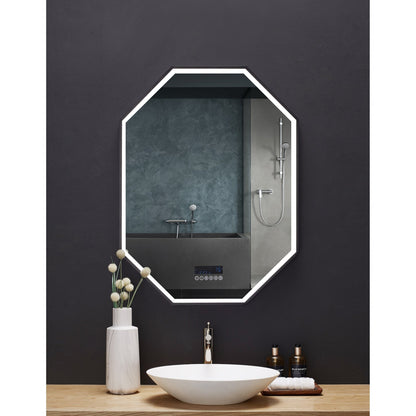Ancerre Designs Otto 24" x 40" Modern Octagon LED Black Framed Bathroom Vanity Mirror With Bluetooth, Defogger and Digital Display