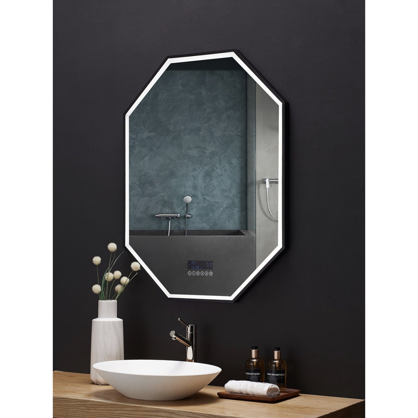 Ancerre Designs Otto 24" x 40" Modern Octagon LED Black Framed Bathroom Vanity Mirror With Bluetooth, Defogger and Digital Display