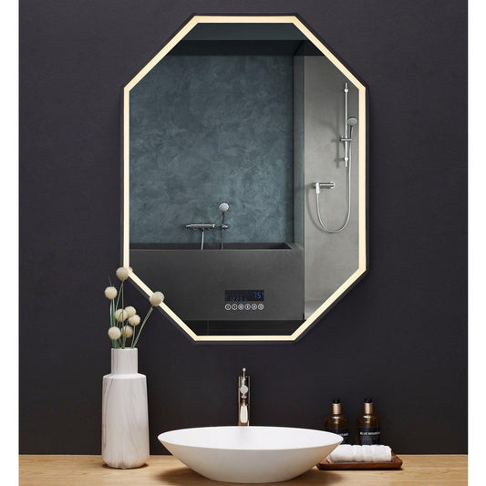 Ancerre Designs Otto 24" x 40" Modern Octagon LED Black Framed Bathroom Vanity Mirror With Bluetooth, Defogger and Digital Display