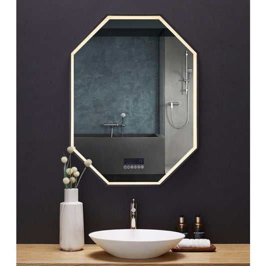 Ancerre Designs Otto 30" x 40" Modern Octagon LED Lighted Black Framed Bathroom Vanity Mirror With Bluetooth, Defogger, Digital Display and Mounting Hardware