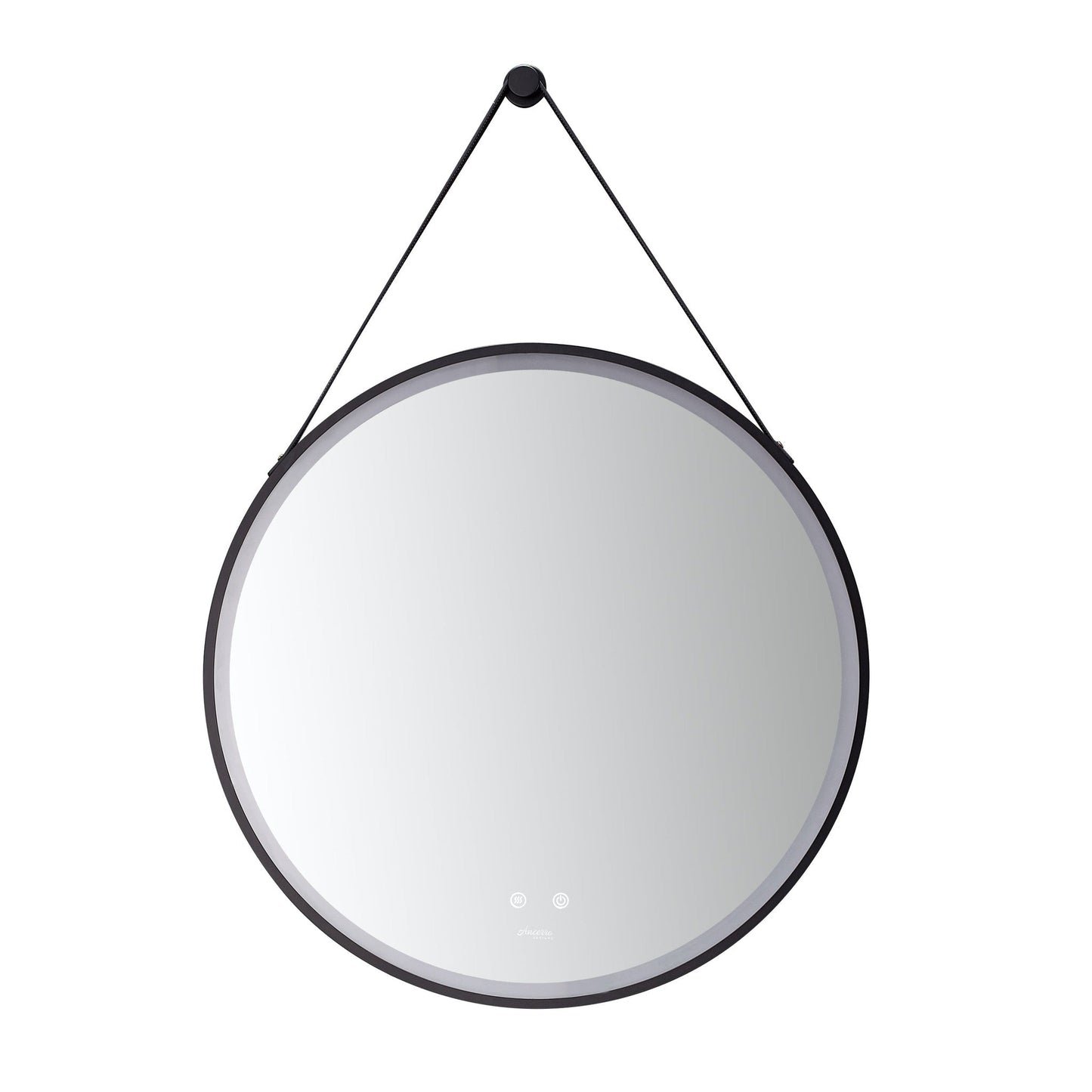 Ancerre Designs Sangle 24" Modern Round LED Lighted Black Framed Bathroom Vanity Mirror With Dimmer, Defogger and Vegan Leather Strap