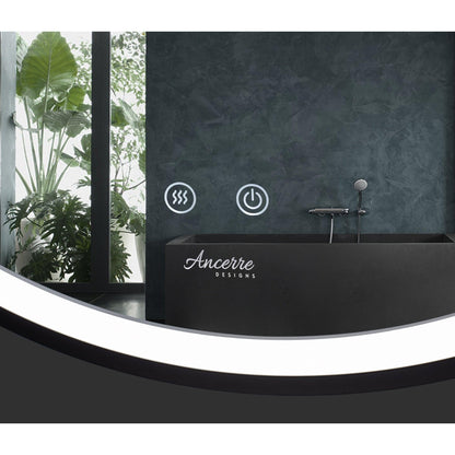 Ancerre Designs Sangle 24" Modern Round LED Lighted Black Framed Bathroom Vanity Mirror With Dimmer, Defogger and Vegan Leather Strap