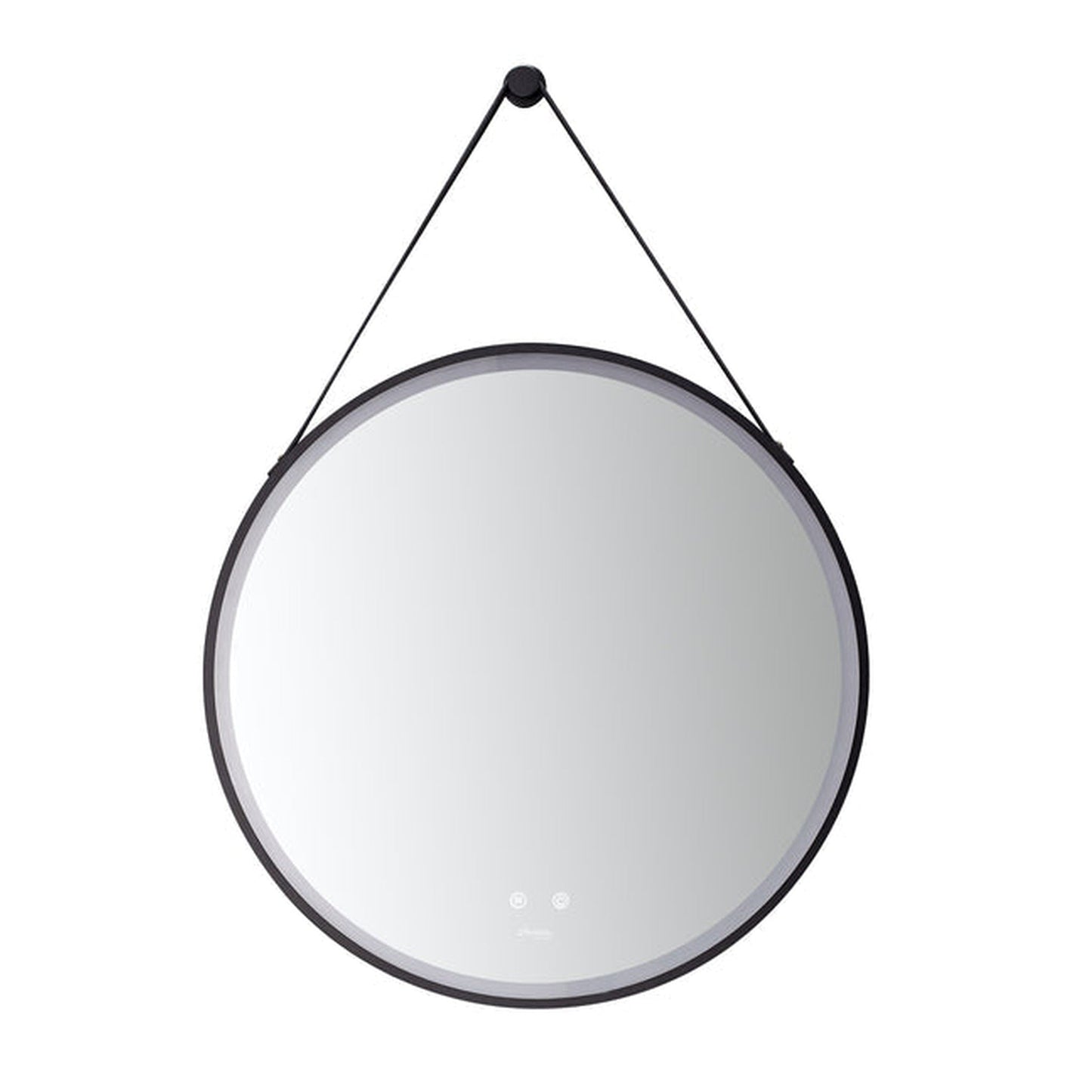 Ancerre Designs Sangle 30" Modern Round LED Lighted Black Framed Bathroom Vanity Mirror WithDimmer, Defogger and Vegan Leather Strap